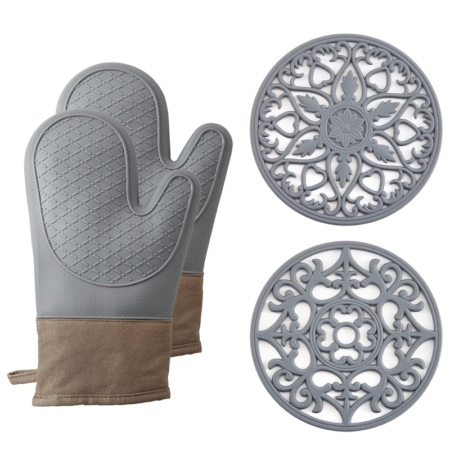Silicone oven mitts heat resistant to 600 degrees Fahrenheit, soft lining - Gray